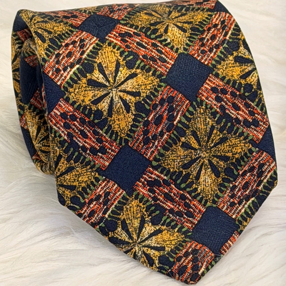Tom James Mens Silk Necktie Navy Yellow Orange Geometric Tapestry Made in USA